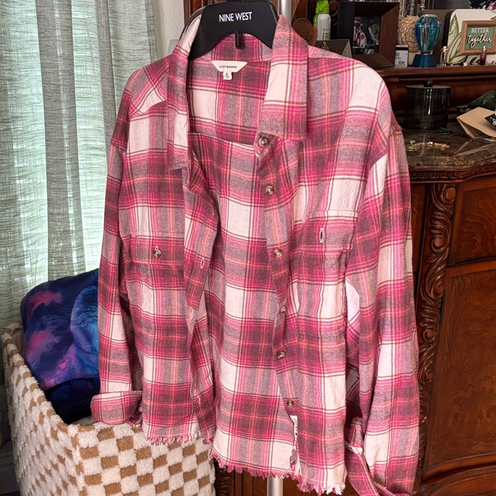 Lucky Brand Pink and White Plaid Button-Up Shirt